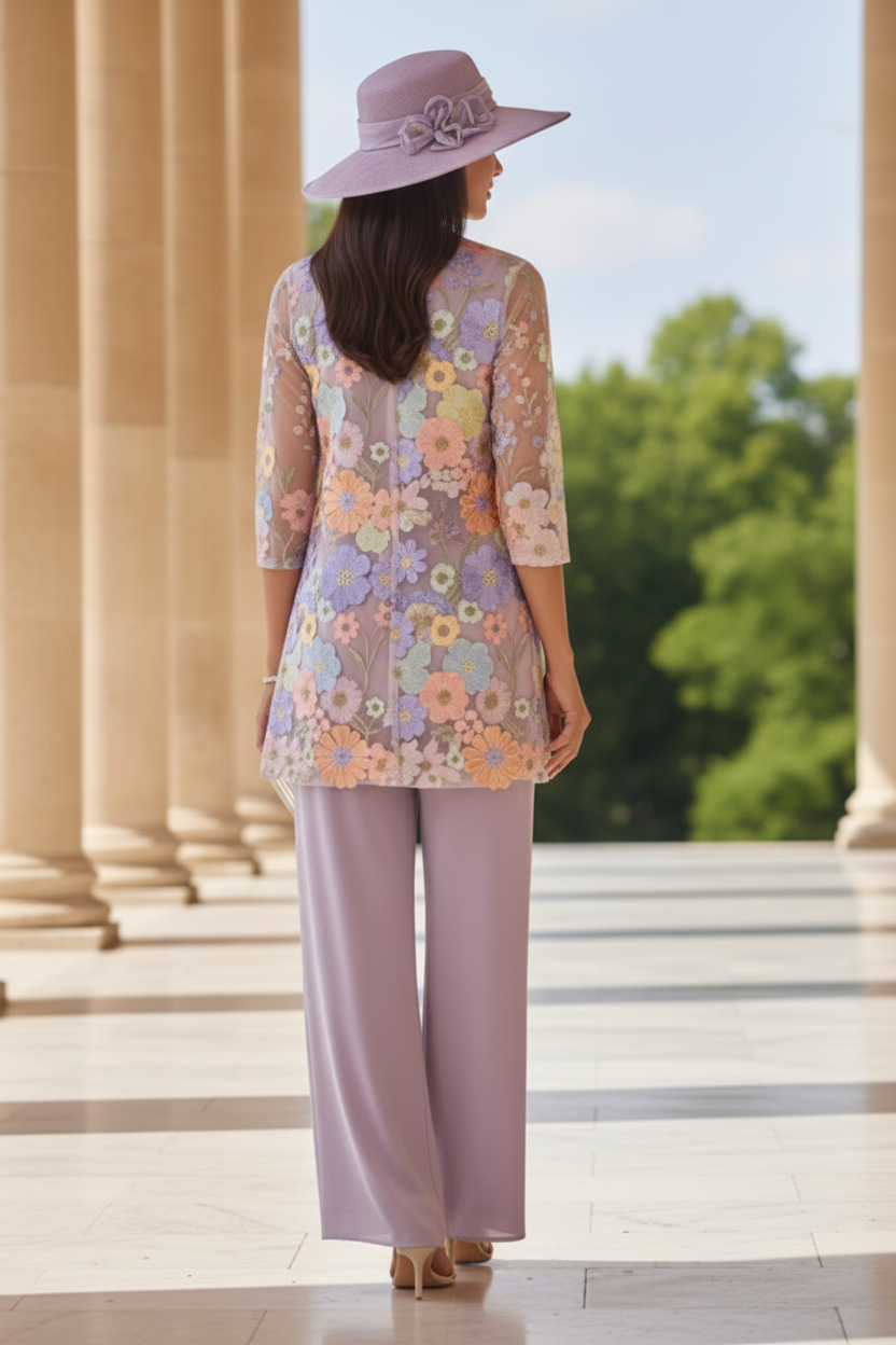 3 Pieces Suit Scoop Chiffon Mother of the Bride Pantsuits with Jacket Half Sleeves Lace Floral Ankle-Length