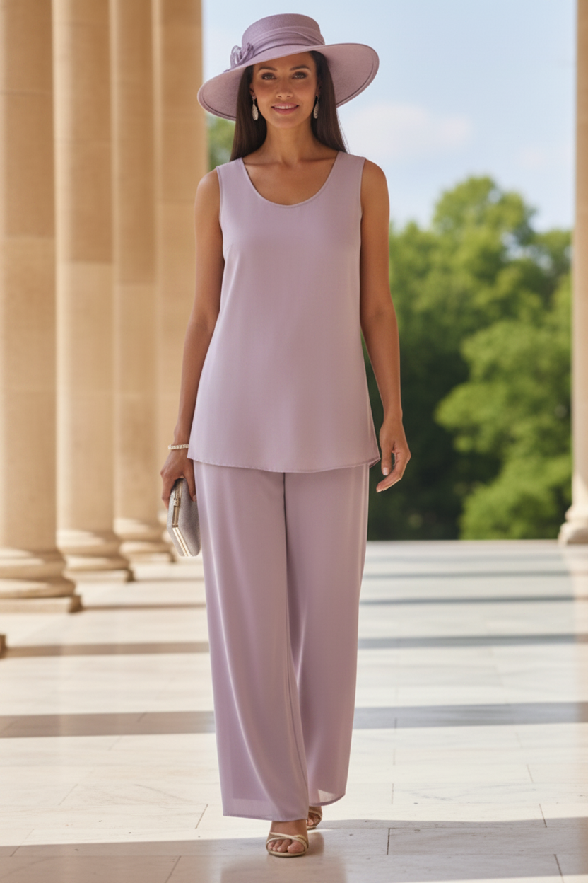 3 Pieces Suit Scoop Chiffon Mother of the Bride Pantsuits with Jacket Half Sleeves Lace Floral Ankle-Length