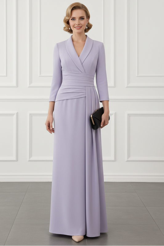 Sheath/Column V-Neck Stretch Satin Mother Of The Bride Dresses with Watteau Train 3/4 Sleeves Ankle-Length