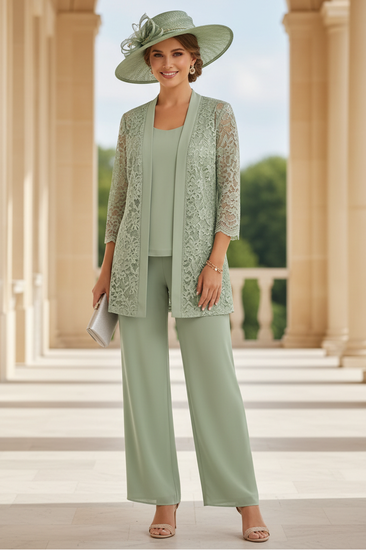 3 Pieces Suit Scoop Chiffon Mother of the Bride Pantsuits with Jacket 3/4 Sleeves Lace Floor-Length
