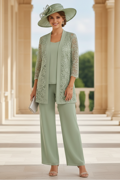 3 Pieces Suit Scoop Chiffon Mother of the Bride Pantsuits with Jacket 3/4 Sleeves Lace Floor-Length