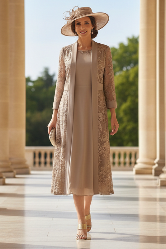 A-Line/Princess Scoop Chiffon Mother of the Bride Dresses with Lace Jacket 3/4 Sleeves Tea-Length