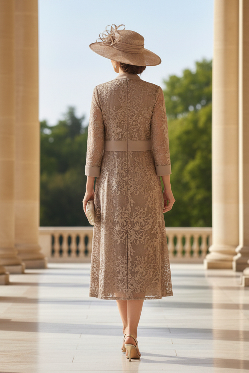 A-Line/Princess Scoop Chiffon Mother of the Bride Dresses with Lace Jacket 3/4 Sleeves Tea-Length