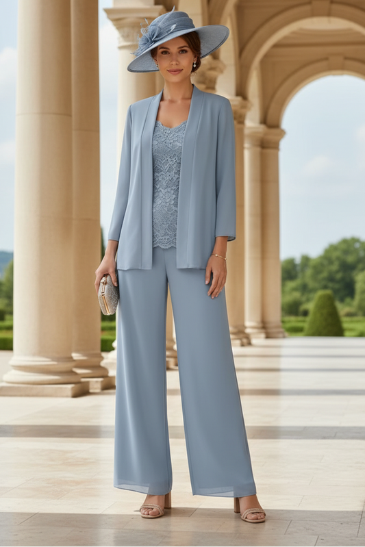 3 Pieces Suit V-Neck Chiffon Mother of the Bride Pantsuits with Jacket 3/4 Sleeves Lace Ankle-Length
