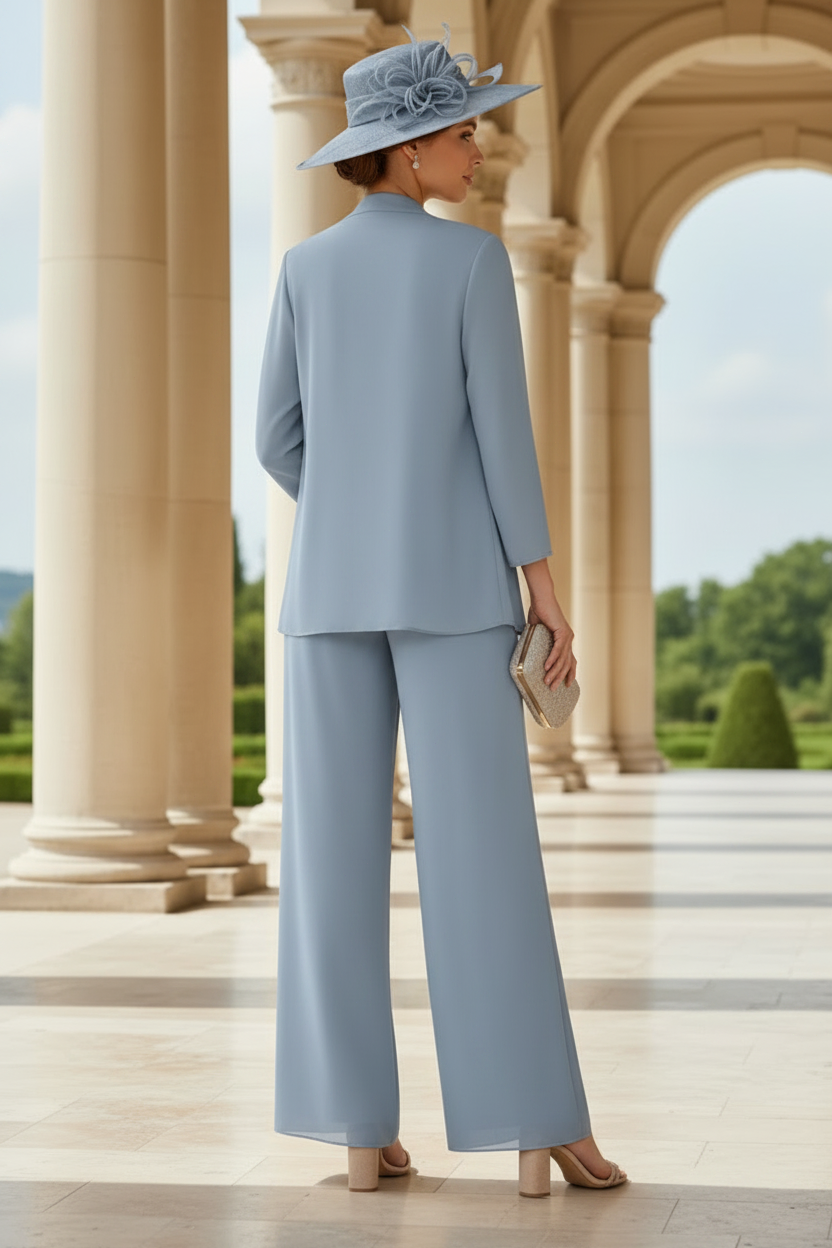 3 Pieces Suit V-Neck Chiffon Mother of the Bride Pantsuits with Jacket 3/4 Sleeves Lace Ankle-Length