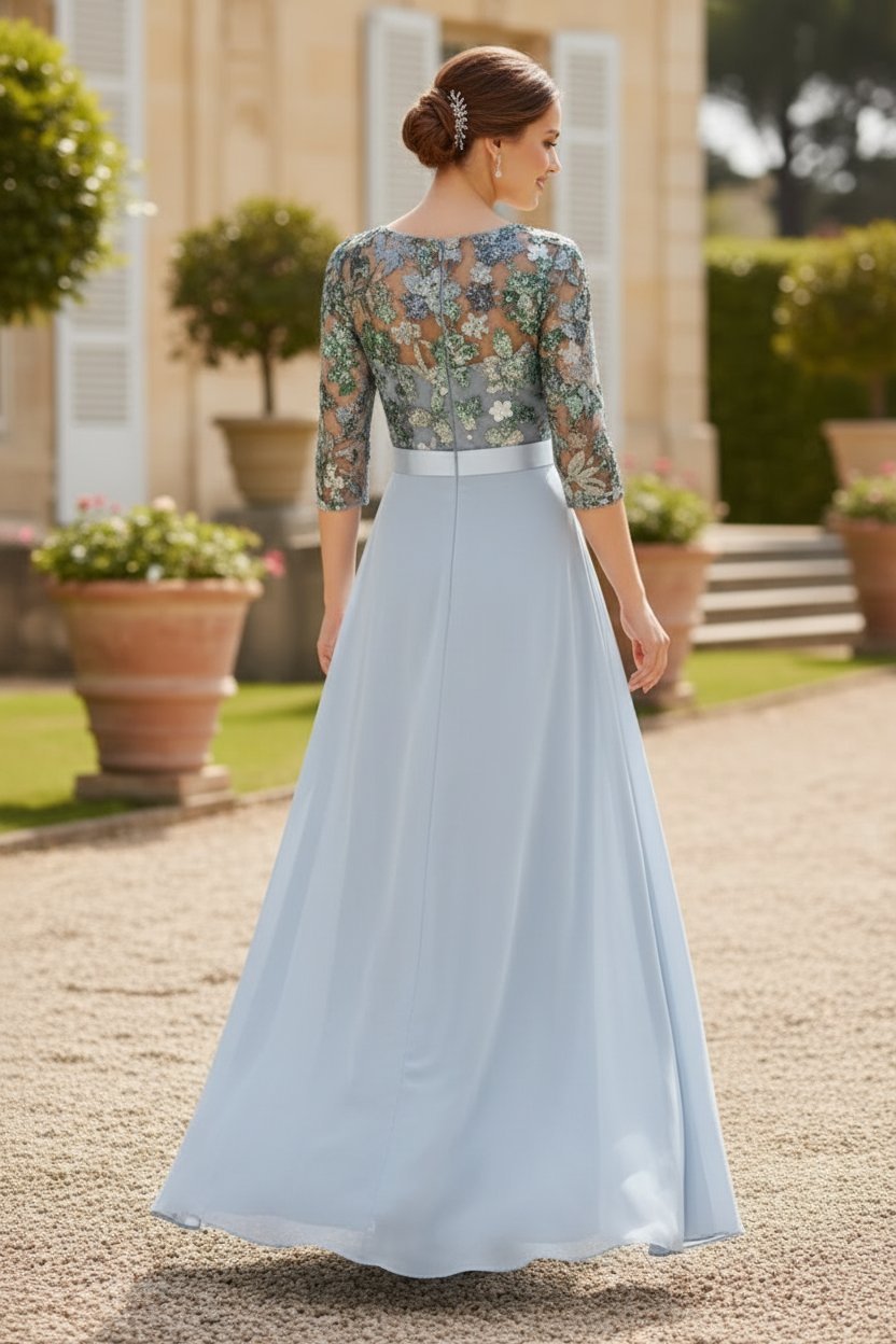 Jumpsuit Scoop Chiffon Mother of the Bride Jumpsuit with Overskirt 3/4 Sleeves Floral Sequins Floor-Length