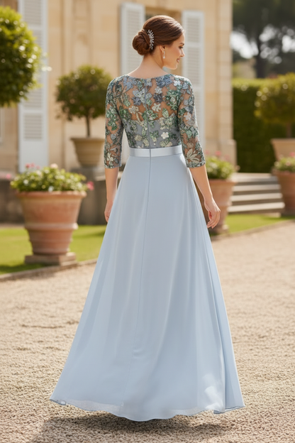 Jumpsuit Scoop Chiffon Mother of the Bride Jumpsuit with Overskirt 3/4 Sleeves Floral Sequins Floor-Length