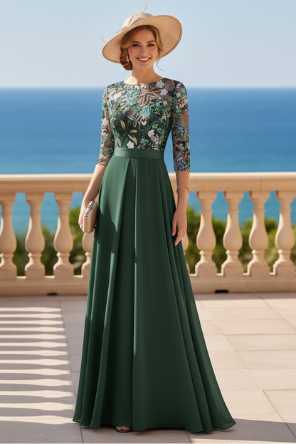 Jumpsuit Scoop Chiffon Mother of the Bride Jumpsuit with Overskirt 3/4 Sleeves Floral Sequins Floor-Length
