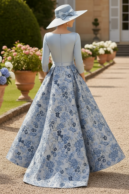 A-Line/Princess V-Neck Satin Mother of the Bride Dresses 3/4 Sleeves Floral Asymmetrical Floor-Length
