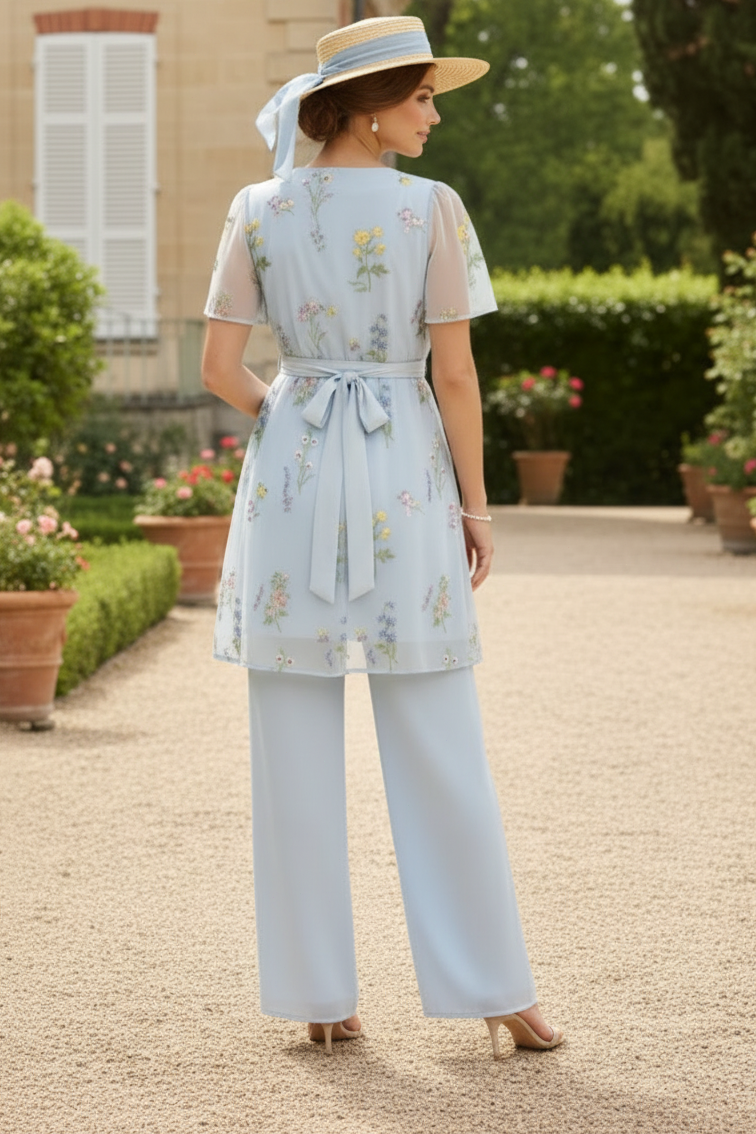 2 Pieces Suit V-Neck Chiffon Mother of the Bride Pantsuits Short Sleeves Floral Ankle-Length