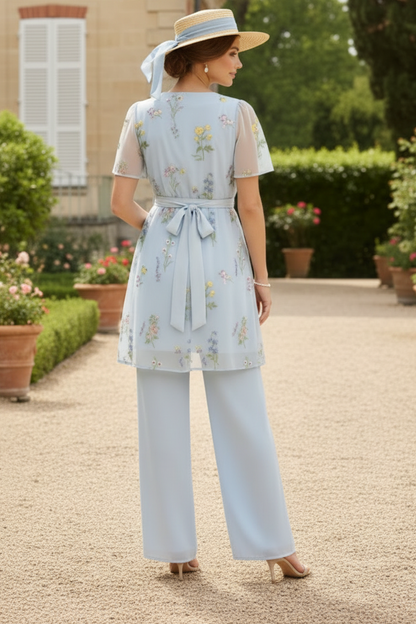 2 Pieces Suit V-Neck Chiffon Mother of the Bride Pantsuits Short Sleeves Floral Ankle-Length