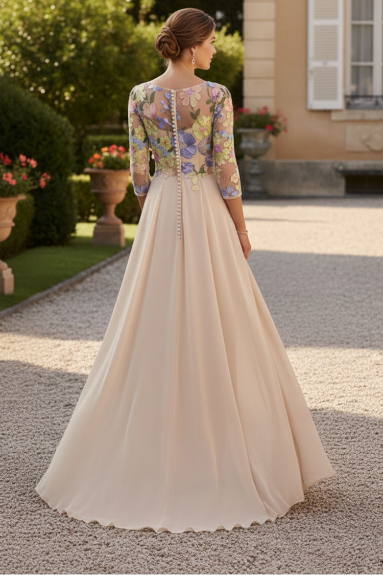 Sheath/Column Scoop Chiffon Mother of the Bride Dresses with Overskirt Lace Floral 3/4 Sleeves Split Side Floor-Length