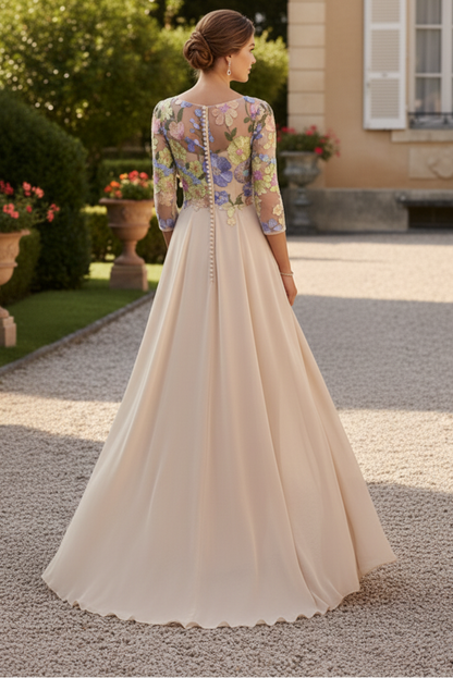 Sheath/Column Scoop Chiffon Mother of the Bride Dresses with Overskirt Lace Floral 3/4 Sleeves Split Side Floor-Length