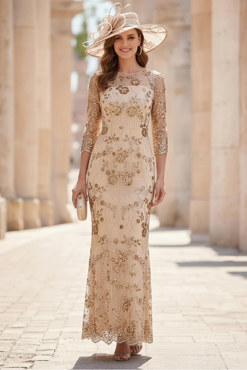 Sheath/Column Scoop Sequins Lace Mother of the Bride Dresses 3/4 Sleeves Floral Ankle-Length