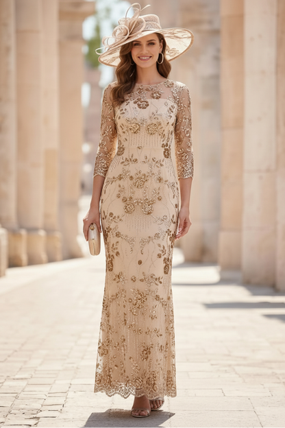 Sheath/Column Scoop Sequins Lace Mother of the Bride Dresses 3/4 Sleeves Floral Ankle-Length