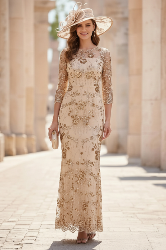 Sheath/Column Scoop Sequins Lace Mother of the Bride Dresses 3/4 Sleeves Floral Ankle-Length