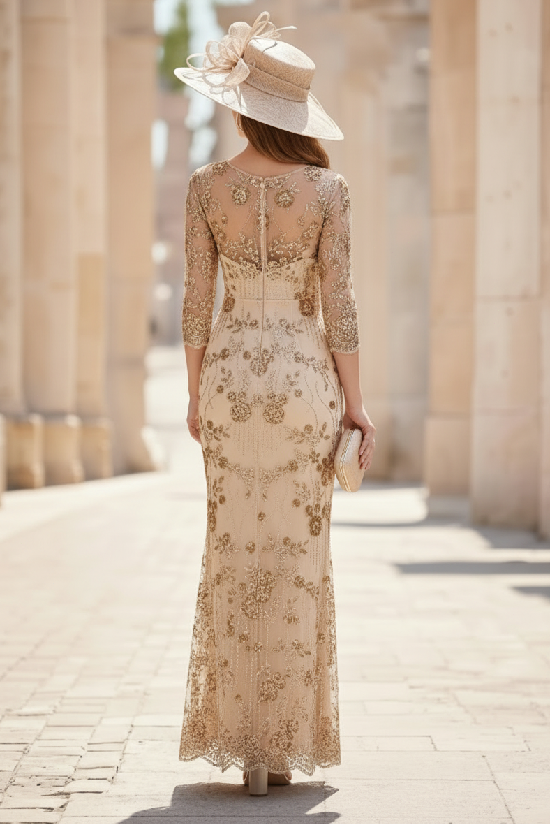 Sheath/Column Scoop Sequins Lace Mother of the Bride Dresses 3/4 Sleeves Floral Ankle-Length