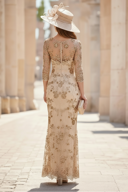Sheath/Column Scoop Sequins Lace Mother of the Bride Dresses 3/4 Sleeves Floral Ankle-Length