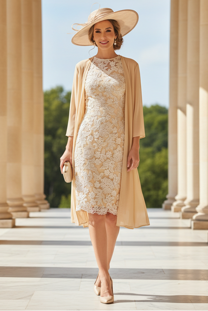 Sheath/Column Scoop Chiffon Mother of the Bride Dresses with Jacket Lace Floral 3/4 Sleeves Knee-Length