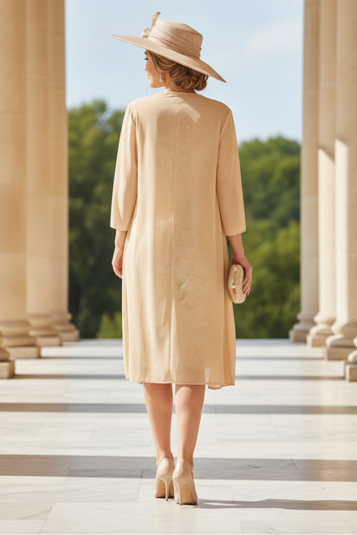 Sheath/Column Scoop Chiffon Mother of the Bride Dresses with Jacket Lace Floral 3/4 Sleeves Knee-Length