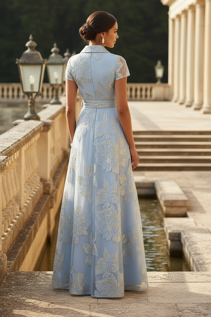 A-Line/Princess V-Neck Jacquard Mother of the Bride Dresses Short Sleeves Floral Floor-Length Bowknot Belt