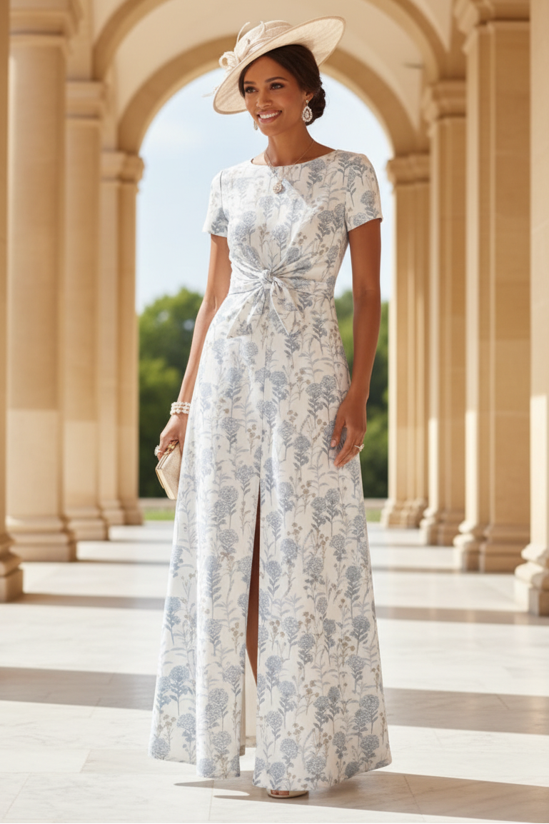A-Line/Princess Scoop Jacquard Mother of the Bride Dresses with Split Side Short Sleeves Floral Ankle-Length Bowknot