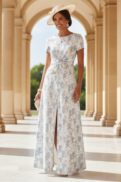 A-Line/Princess Scoop Jacquard Mother of the Bride Dresses with Split Side Short Sleeves Floral Ankle-Length Bowknot