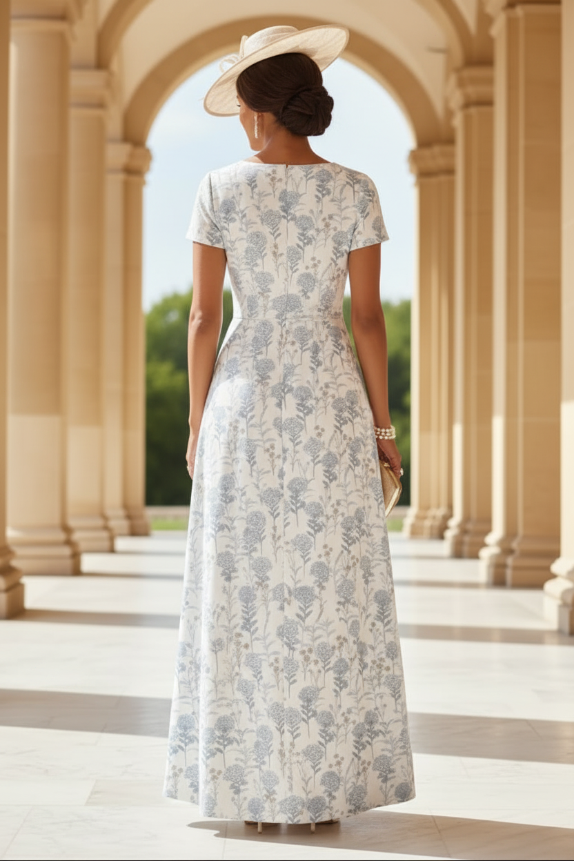 A-Line/Princess Scoop Jacquard Mother of the Bride Dresses with Split Side Short Sleeves Floral Ankle-Length Bowknot