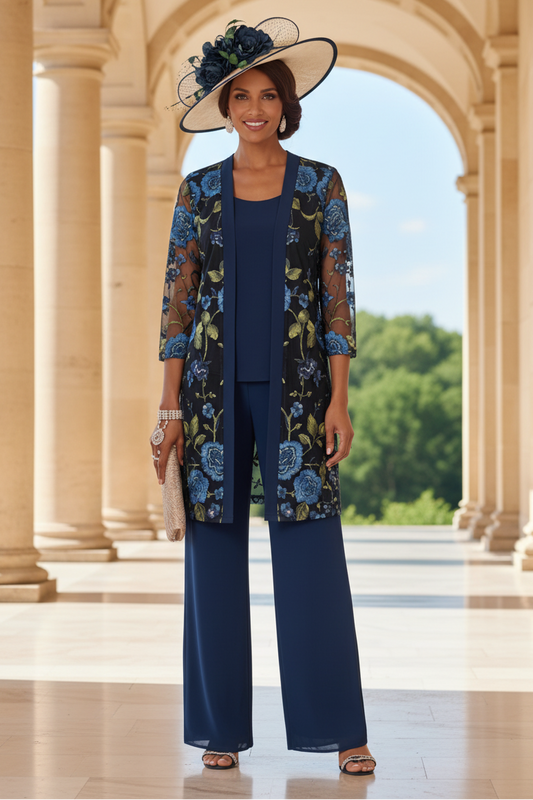 3 Pieces Suit Scoop Chiffon Mother of the Bride Pantsuits with Jacket Floral 3/4 Sleeves Ankle-Length