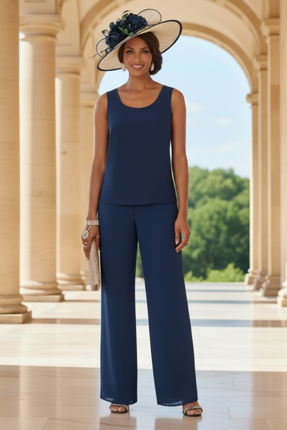 3 Pieces Suit Scoop Chiffon Mother of the Bride Pantsuits with Jacket Floral 3/4 Sleeves Ankle-Length