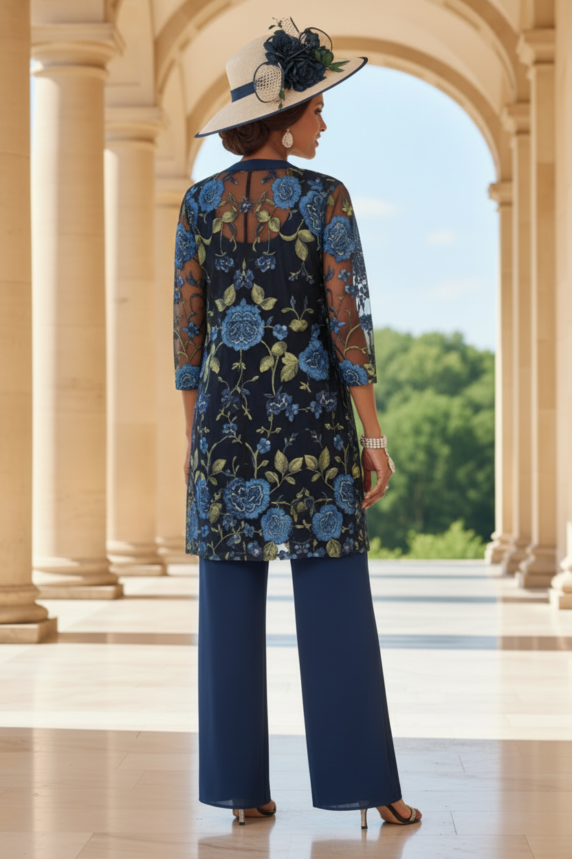 3 Pieces Suit Scoop Chiffon Mother of the Bride Pantsuits with Jacket Floral 3/4 Sleeves Ankle-Length