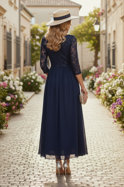A-Line/Princess V-Neck Chiffon Mother of the Bride Dresses 3/4 Sleeves Lace Sequins Tea-Length