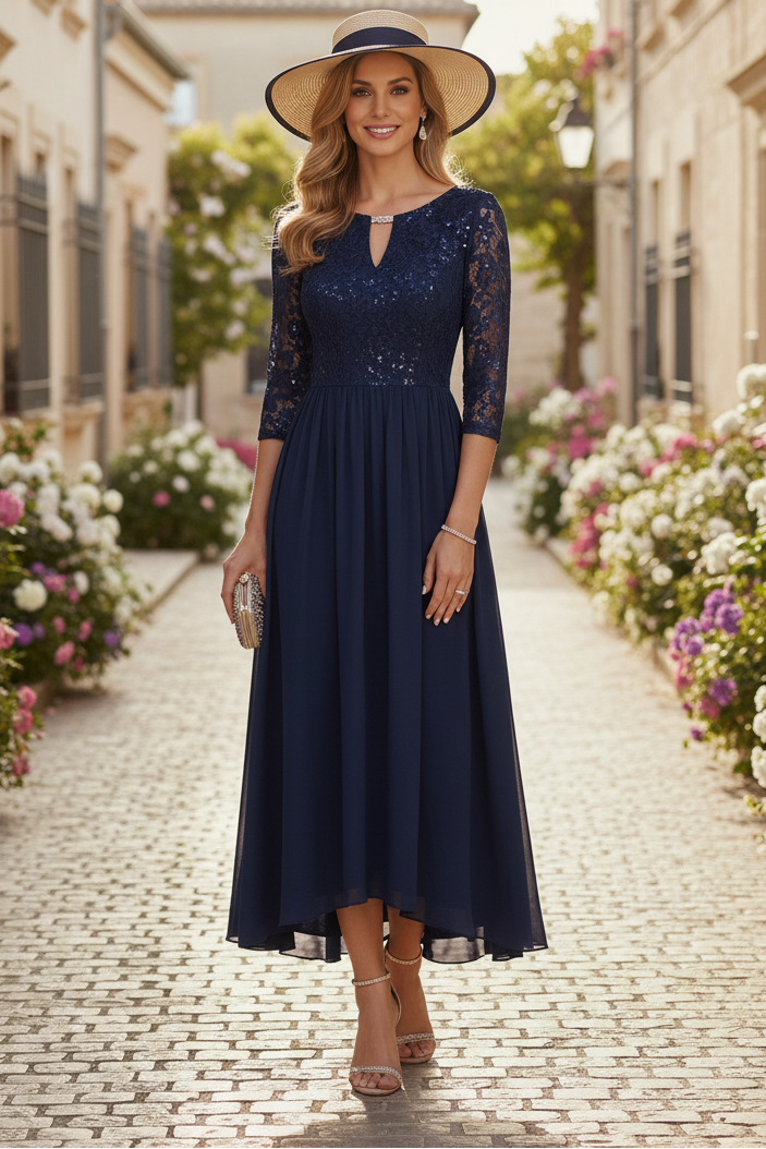 A-Line/Princess V-Neck Chiffon Mother of the Bride Dresses 3/4 Sleeves Lace Sequins Tea-Length