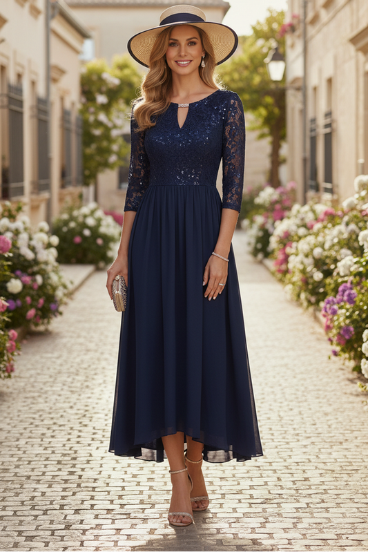 A-Line/Princess V-Neck Chiffon Mother of the Bride Dresses 3/4 Sleeves Lace Sequins Tea-Length