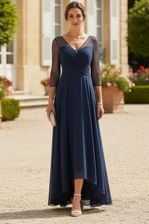 A-Line/Princess V-Neck Chiffon Mother of the Bride Dresses 3/4 Sleeves Sequins Asymmetrical Tea-Length