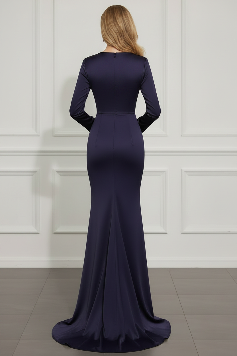 Trumpet/Mermaid V-Neck Satin Mother of The Bride Dresses with Split Side Long Sleeves Ruched Floor-Length