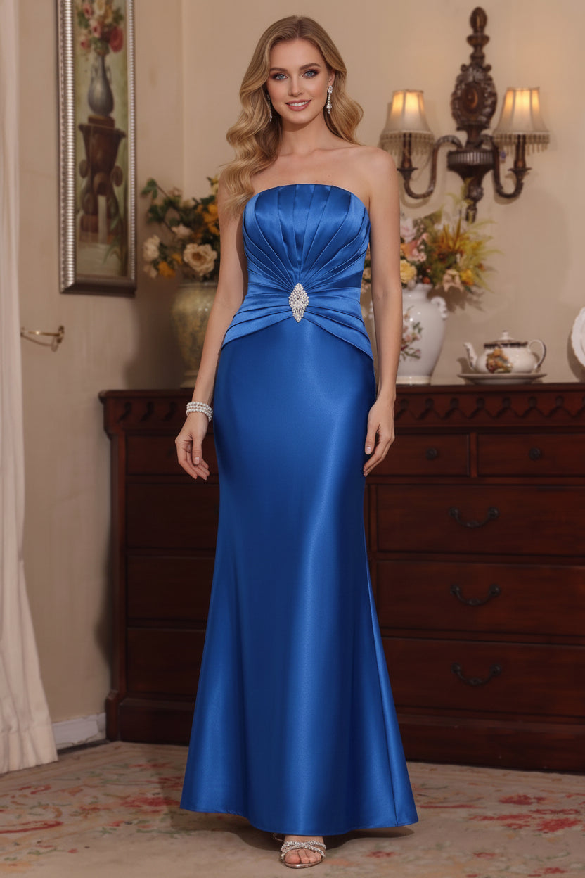 Trumpet/Mermaid Shirt Collar Satin Mother of The Bride Dresses with Jacket 3/4 Sleeves Ruched Rhinestone Floor-Length