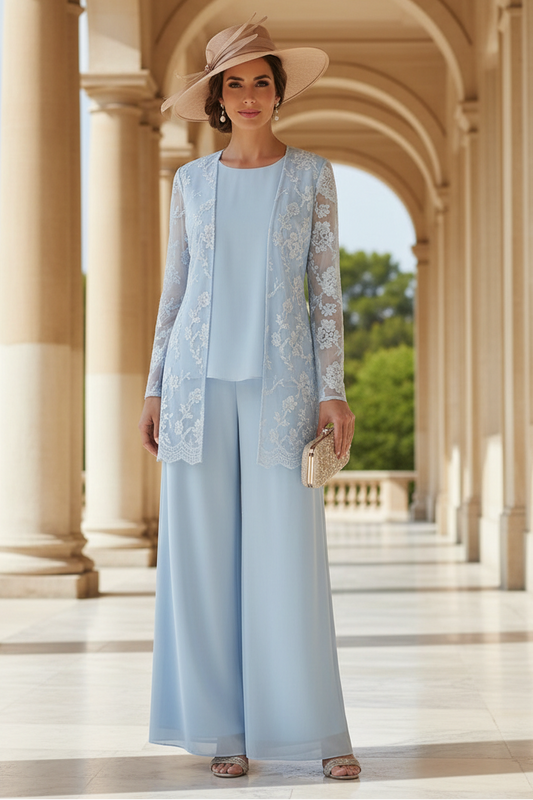 3 Pieces Chiffon Scoop Mother of the Bride Pantsuits with Jacket Lace Floral Ankle-Length Long Sleeves