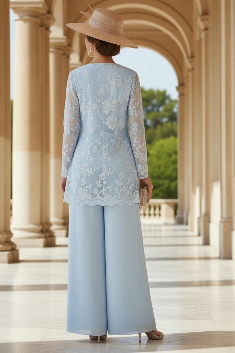 3 Pieces Chiffon Scoop Mother of the Bride Pantsuits with Jacket Lace Floral Ankle-Length Long Sleeves