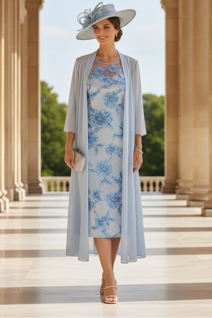 Sheath/Column Scoop Lace Floral Mother of the Bride Dresses with Jacket 3/4 Sleeves Flower Tea-Length