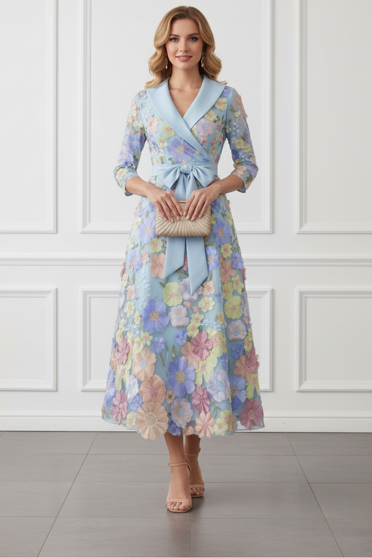 A-Line/Princess V-Neck Satin Mother of The Bride Dresses 3/4 Sleeves Lace Floral Tea-Length Bowknot