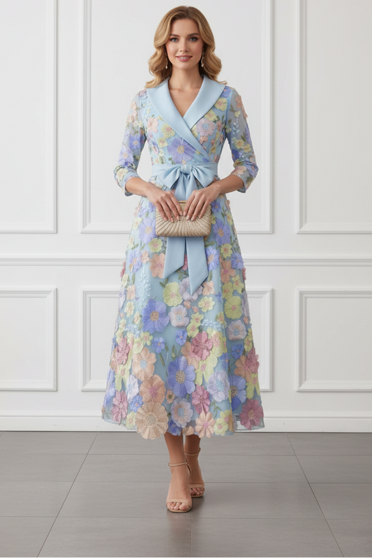 A-Line/Princess V-Neck Satin Mother of The Bride Dresses 3/4 Sleeves Lace Floral Tea-Length Bowknot