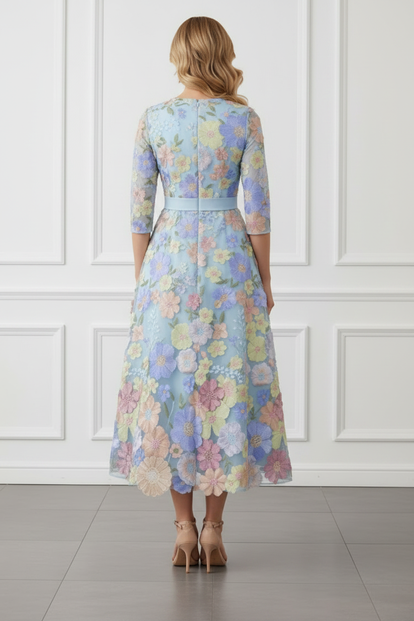 A-Line/Princess V-Neck Satin Mother of The Bride Dresses 3/4 Sleeves Lace Floral Tea-Length Bowknot