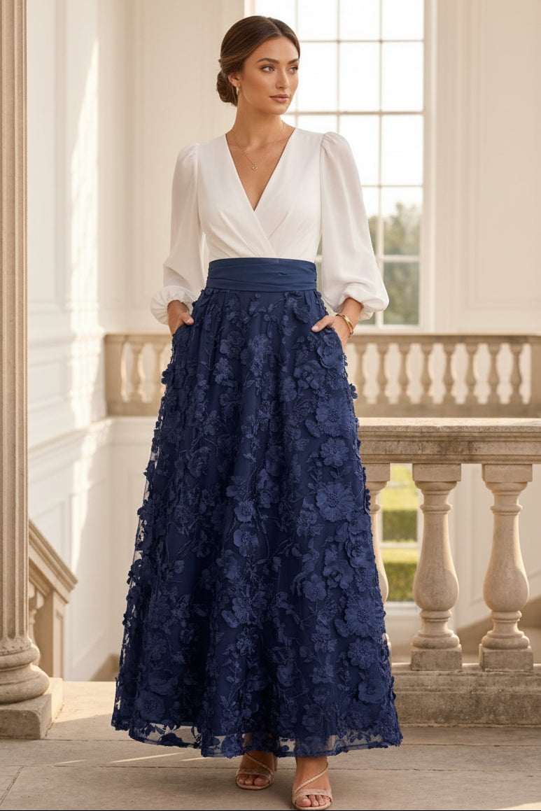 A-Line V-Neck Lace Floral Mother of the Bride Dresses 3/4 Sleeves Ankle-Length