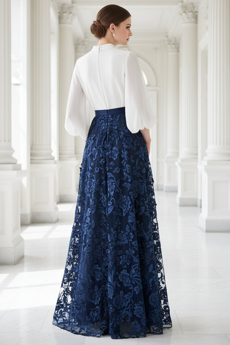 A-Line V-Neck Lace Floral Mother of the Bride Dresses 3/4 Sleeves Ankle-Length
