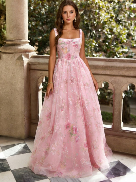 Square Collar Lace Prom Dresses Floor-Length Princess Floral Formal Dresses