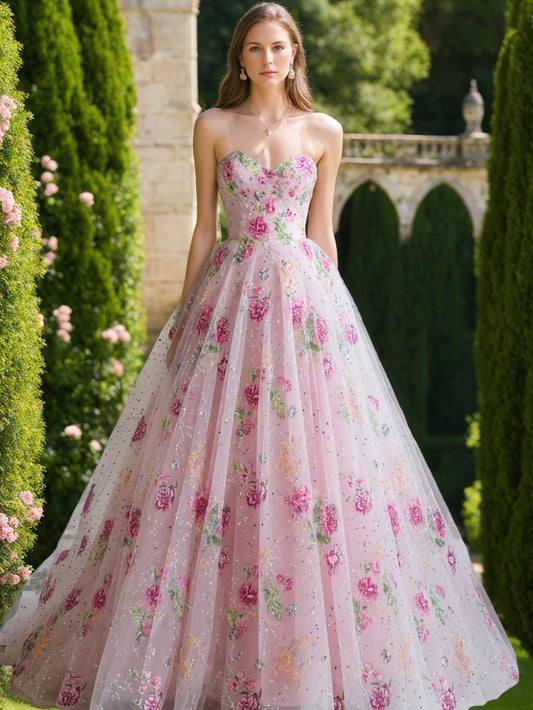 Sweety Sweetheart Lace Prom Dresses Sequins Floral Floor-Length Formal Dresses