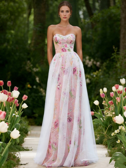 Floral Strapless Lace Prom Dresses Sequins Floor-Length Formal Dresses