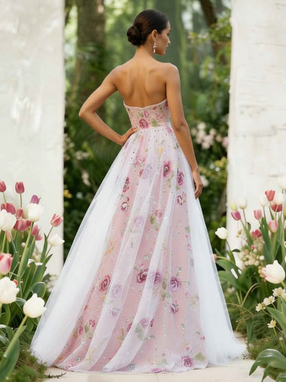 Floral Strapless Lace Prom Dresses Sequins Floor-Length Formal Dresses