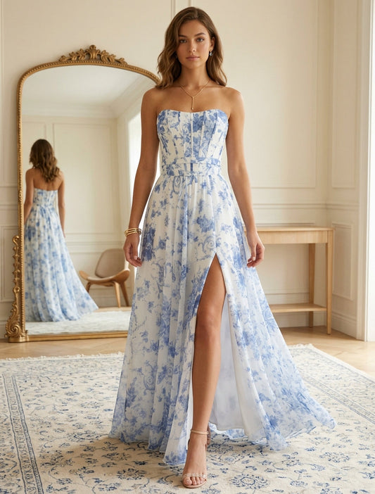 Strapless Floral Chiffon Prom Dresses with Split Side Floor-Length Sleeveless